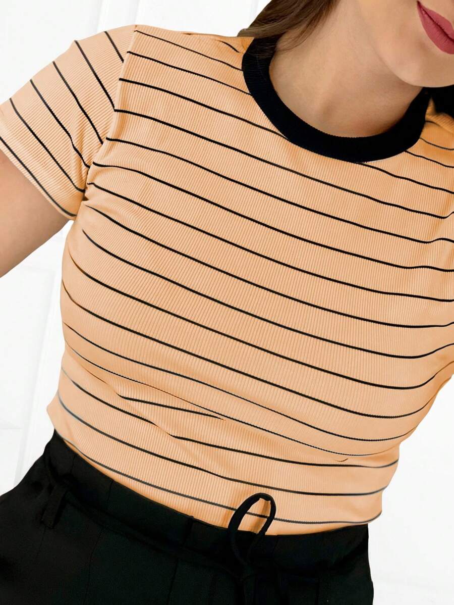 K&K FASHION Ribbed Striped T-Shirt - Coral Orange - View 1