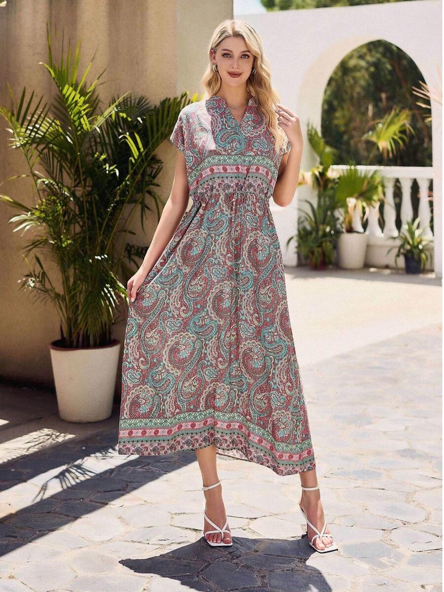 Bohemian Print Tassel Front Tie Long Paisley Dress - 綠色 - 查看 1