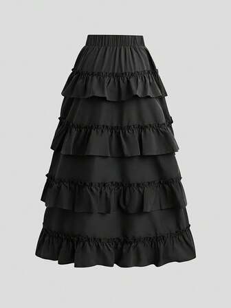 【高腰荷叶边半身裙】高腰荷叶边半身裙，时尚前短后长A字抽绳长裙，褶皱荷叶边裙摆，多层设计，春夏女士休闲装