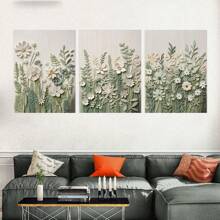 3pcs/Set No Frame Canvas Prints, Green Leaves And Flowers Decorative Painting, Light Green Flower Decoration, 3D Artistic Flower Prints, Indoor Home Wall Decoration Art Gifts Birthday Graduation