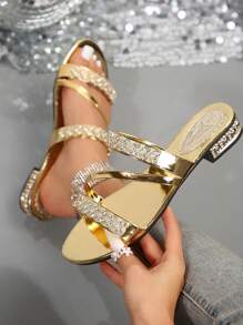 Women's Flat Summer Slippers With Rhinestones And Glitters, Two Wearing Styles Both As Outdoor & Indoor Shoes