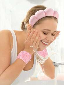 3pcs Solid Bath Headband & Bath Wrist Band Set Back To School - Pink - View 4
