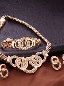 5pcs/Set Luxurious & Exaggerated Gold-Tone Rhinestone Studded Leaf Design Necklace, Earrings, Ring, Bracelet Set For Women's Wedding Party