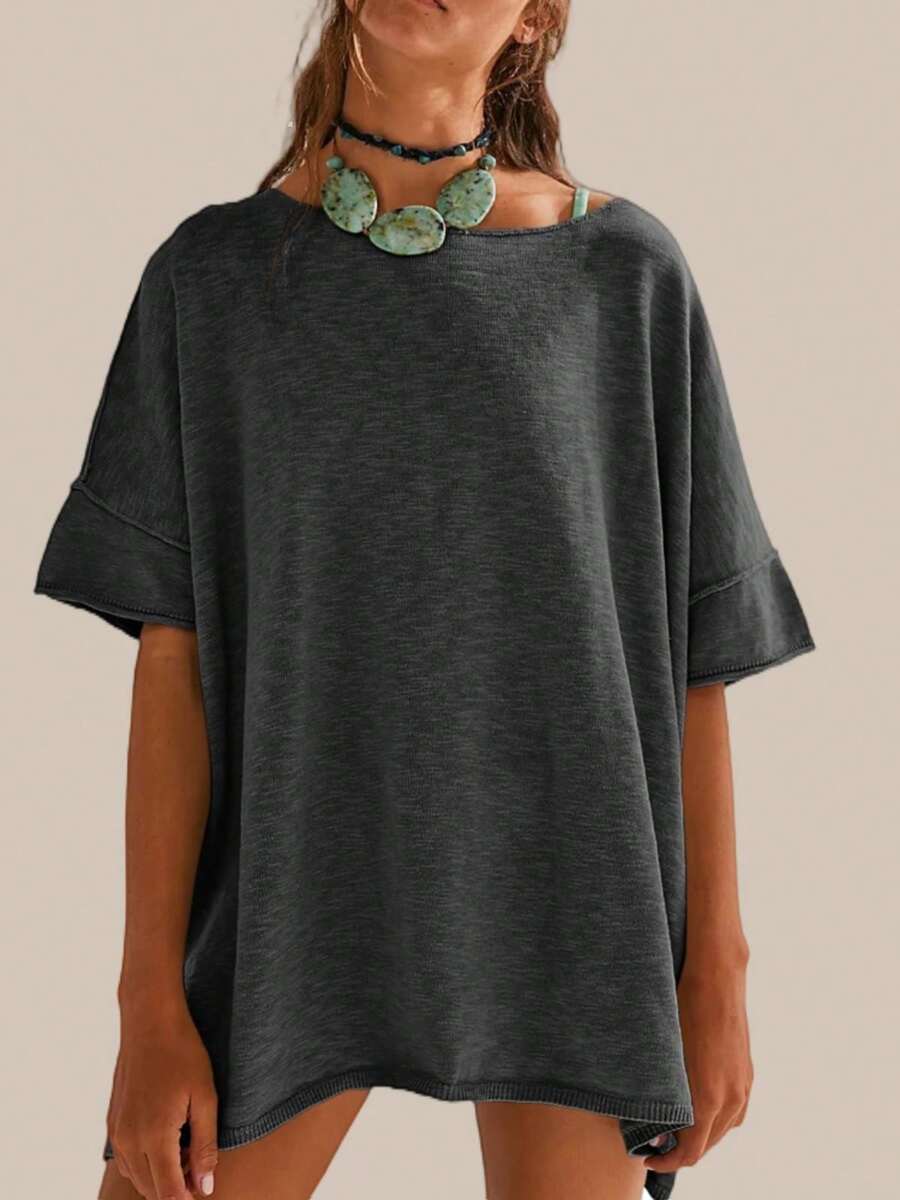 Women's Oversized T Shirt Loose Fit Crew Neck Short Sleeve Side Slit Summer Blouse Top - Màu xám đen - Xem 1