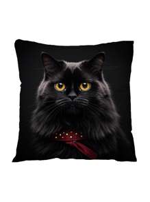 1pc Plush Fabric Black Cat Printed Throw Pillow Cover - Black - View 2