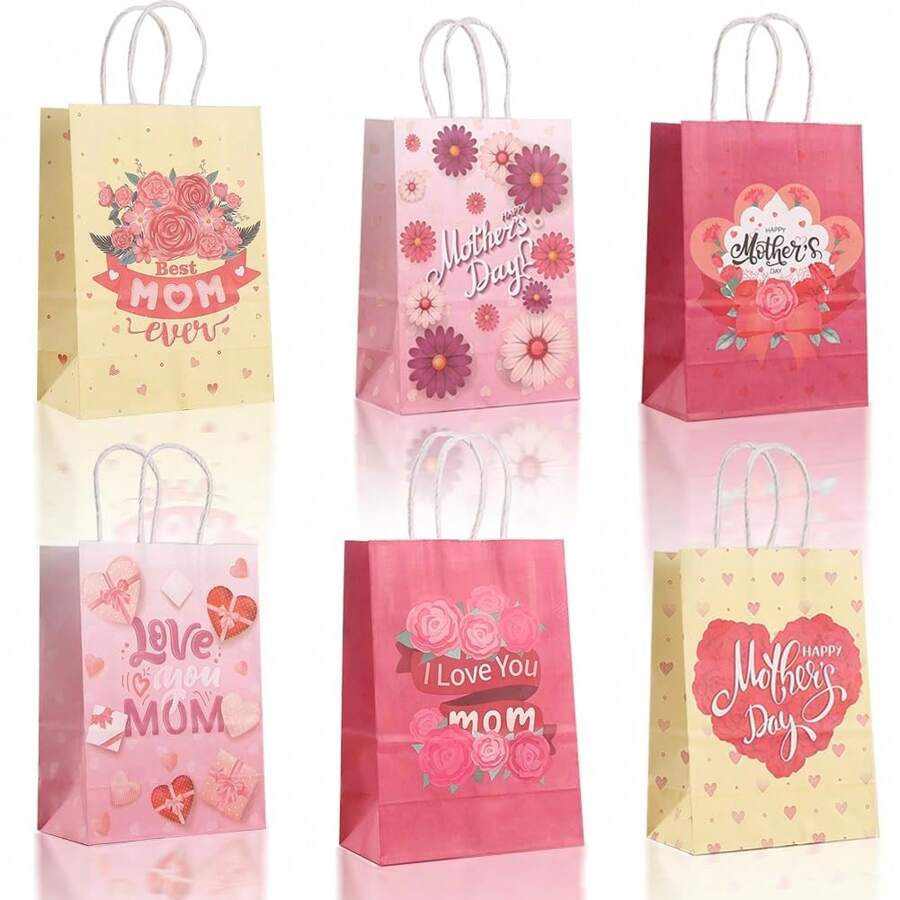 6 Piezas Bolsas de regalo para el Día de la Madre con asas, Medianas, Bolsas de regalo para el Día de la Madre, Feliz Día de la Madre, Bolsas de papel para envolver regalos para mamá, abuela, esposa, cumpleaños, novia, boda - Multicolor - Ver 1