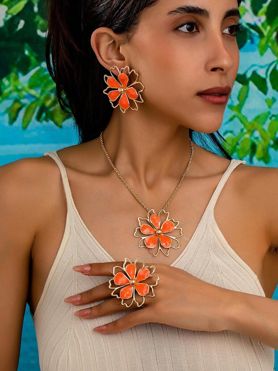 Enamel Drip Floral Design Necklace, Ring And Earrings Set, Elegant And Fashion Accessories Suitable For Gifts, Parties And Daily Wear - Mauve Purple - View 1