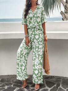 Vaiaye Women Summer Hawaii Boho Tropical Beach Vacation Style Outfits,Super-Loose Casual Petal Blouse With Baggy Pants