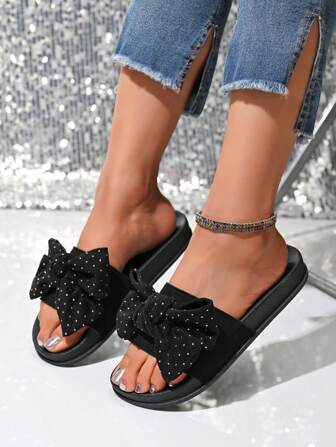 女士夏季新款波尔卡圆点蝴蝶结软带凉鞋，百搭休闲一脚蹬拖鞋