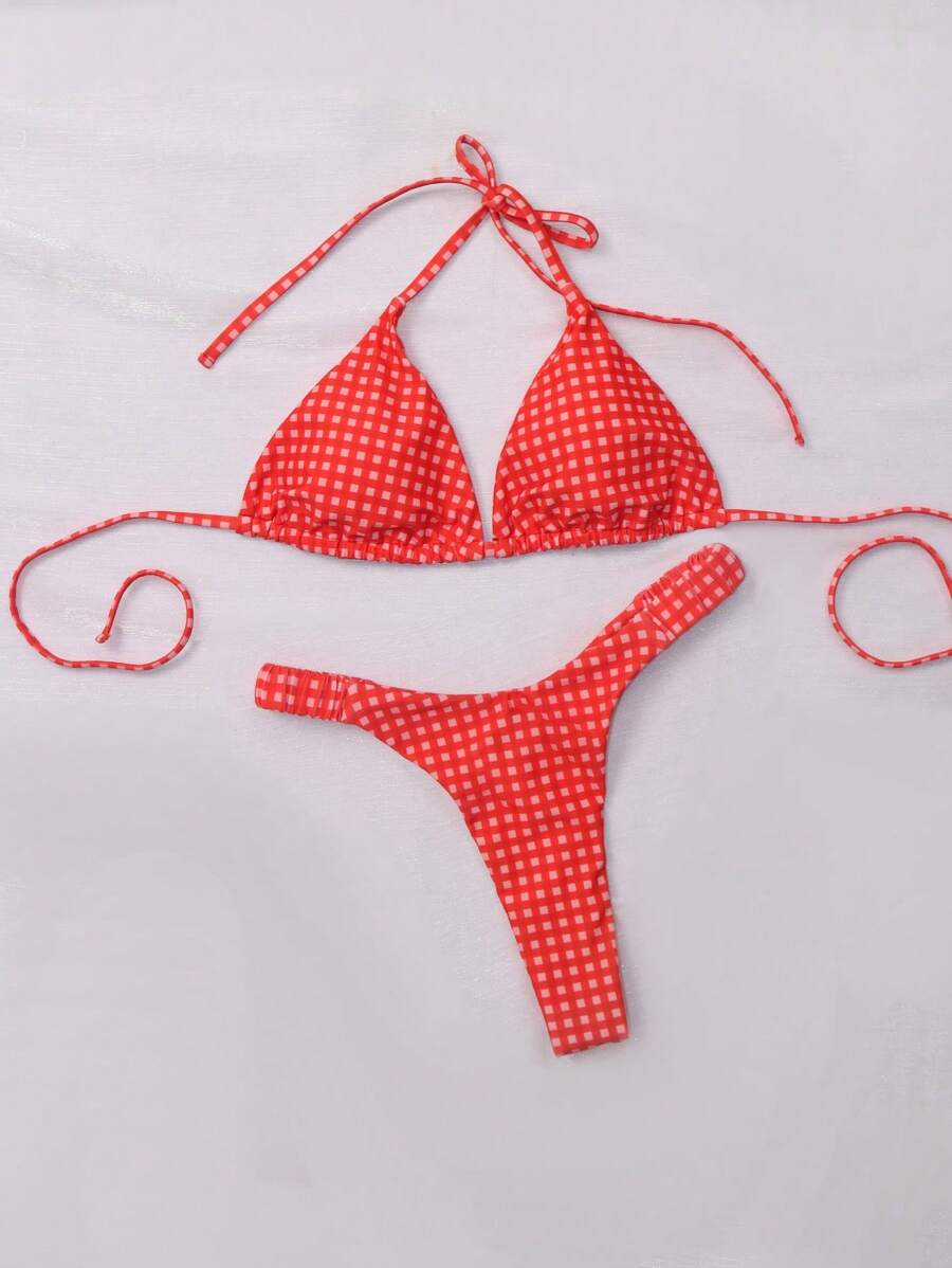 2pcs/Set Plaid Print Sexy Women's Halter Bikini Set - Red - View 1