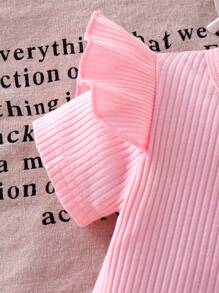 3 件套女婴时尚休闲套装：粉色罗纹针织盖袖上衣、带蝴蝶结装饰的松紧腰牛仔裙和粉色蝴蝶结发带 - 粉色 - 查看 6