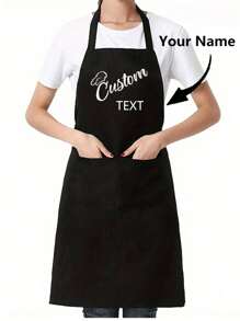 1pc Customized Black Kitchen Cooking Apron, Modern Polyester Oil-Proof Apron, Black Kitchen Apron, Polyester Apron For Garden, Kitchen And Housework Perfect For Home, Restaurant, And Kitchen Cooking