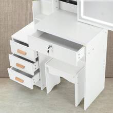 OYAJIA White Dressing Table Makeup Desk Vanity Set With Drawers LED Sliding Mirror, White Vanity Table With Drawers & Cushioned Stool For Bedroom Modern - White - View 9