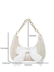 Fashion Solid Color Metal Chain & Straw Crescent Moon Women's Multifunctional Handbag With Bow, Scarf Decoration, Casual Straw Beach Bag, Clutch Purse, Cute Bow Bag For Women