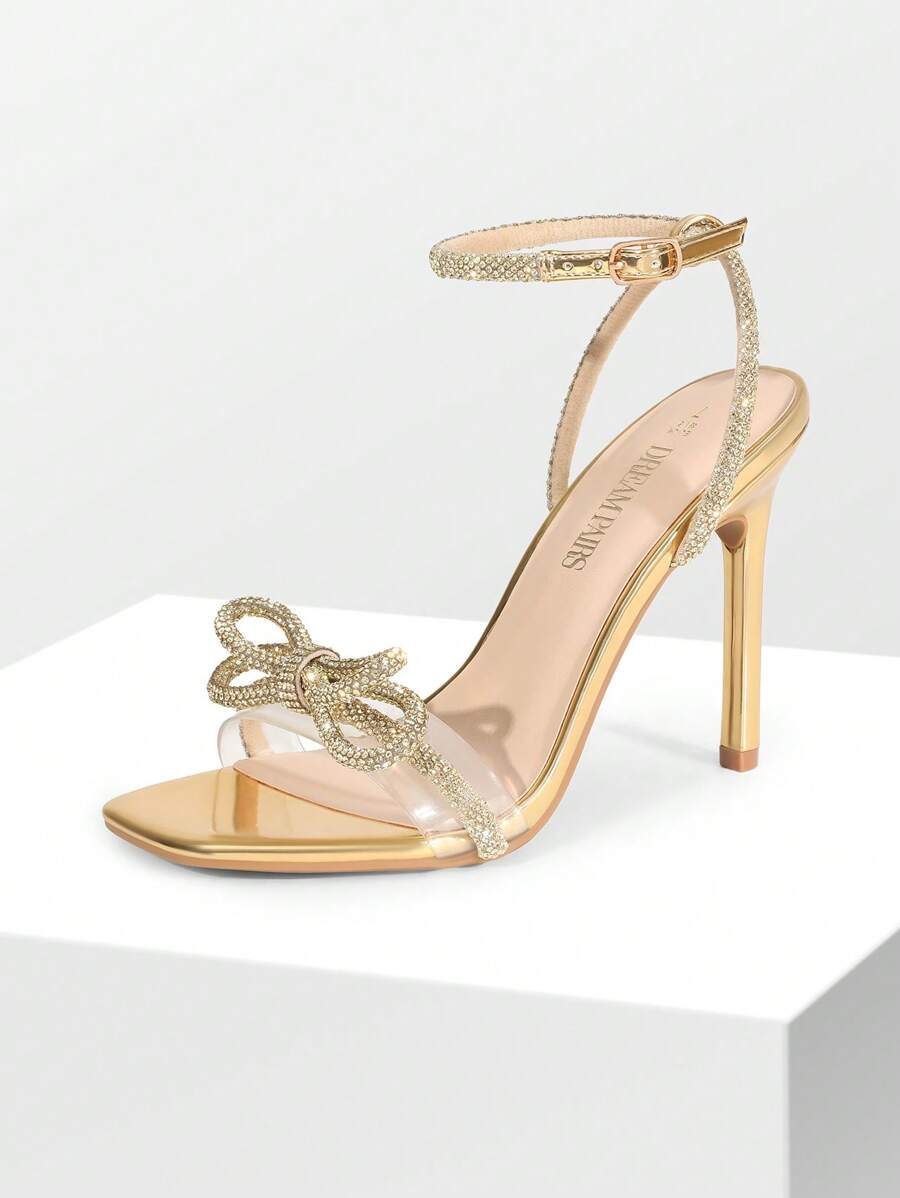 Women Bowknots Crystal Heeled Sandals Fashion Square Toe Rhinestone Decor Ankle Strap Heels For Sweet-Meets-Sassy Styles, For Autumn Party Wedding Prom - Vàng - Xem 1