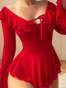 Women See Through Lingerie Chemise Nightdress Solid Color Ruffles Dress Nightgown Sleepwear Slips Nightie With Thong - Red - View 4