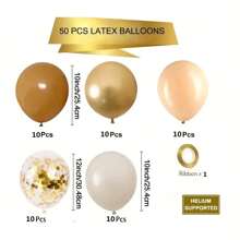 50 globos neutros color beige y marrón, 50 cintas de 10" y 12" en marrón, beige y dorado para decoración de fiestas de cumpleaños, compromisos, bodas, aniversarios, graduaciones y despedidas de soltera. Incluye 33 pies de cinta.