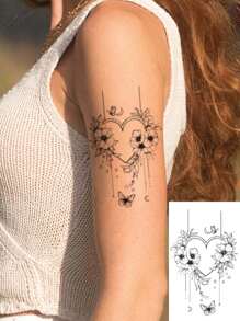 1pc Waterproof Temporary Tattoo Sticker, Featuring Beautiful Wreath And Butterfly Design, Heart Shape, Suitable For Fashionable Daily Use, Sweat And Water Resistant - Black - View 1