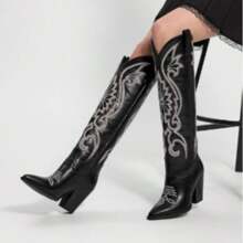 Botas altas de vaquera hasta la rodilla para mujer con punta bordada, tacón ancho y fácil de poner - Botas occidentales retro altas