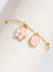1pc Fashionable Floral Letter Beaded Bracelet, Suitable For Children, Customizable Name Letters, Perfect For Summer Beach Vacation And Daily Wear - Pink - View 4