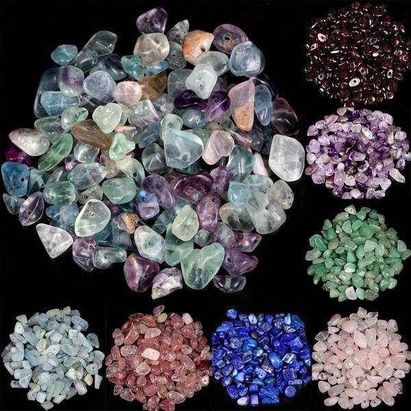 100 piezas de 3-5 mm/5-8 mm Piedras de grava natural en forma de copo verde fluorita, amatista, granate para hacer joyería, DIY pulseras, collares, accesorios, kit de elaboración de pulseras