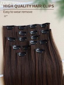夾式淺棕色髮片，16夾，22吋長直髮片，女孩女性合成髮片假髮 - 彩色 - 查看 3