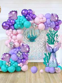 80pcs Purple Mermaid Balloon Garland Arch Kit&4pcs Aluminum Foil Purple Shell&1pc Aluminum Foil Purple Fishtail&2pcs Balloon Accessories, Pastel Pink Purple Teal Blue Clear Latex Balloon With Mermaid Tail Seashell Foil Balloon, For Mermaid Party Decorations Ocean Theme Birthday Party Supplies, Babe Shower Party Backdrop Decorations