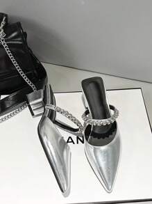 2025 New Arrival French Elegant Crystal Strap Slip-On Mule Heels, Pointed Toe | 2025 Summer New French Gorgeous Pointed Toe Crystal Silver Mid Heel Slide Sandals | 2025 New French Elegant Rhinestone Pointed Toe Thick Heel Slide Sandals, Summer - Silver - View 4