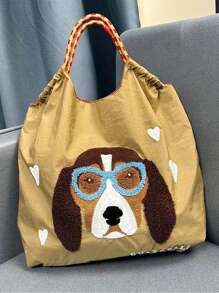 1 件新款休闲毛巾刺绣比格犬图案大容量尼龙手提包，适合派对、旅行、购物和海滩使用