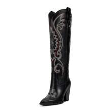 Botas altas de vaquera hasta la rodilla para mujer con punta bordada, tacón ancho y fácil de poner - Botas occidentales retro altas
