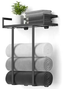 Toallero de pared para baño, toallero de metal, toallero de pared con estante de madera, toalla enrollada, para doblar toallas grandes, almacenamiento de toallas para baño pequeño, decoración de almacenamiento o camping RV - Negro - Ver 2