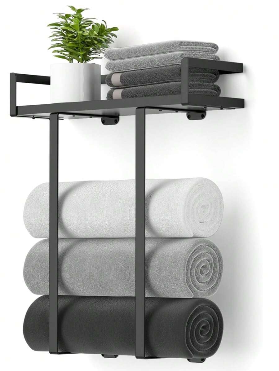 Toallero de pared para baño, toallero de metal, toallero de pared con estante de madera, toalla enrollada, para doblar toallas grandes, almacenamiento de toallas para baño pequeño, decoración de almacenamiento o camping RV