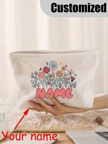 Customizable Makeup Bag - Polyester Makeup Bag With Secure Zipper And Personalized Name, Flower Pattern Makeup Bag, Lightweight Travel Makeup Bag, - Ideal Travel Accessory, Men And Women Beauty Storage Bag, Casual Style, Hand Washable, Party Gift For Close Friends And Sisters - Beige - View 1