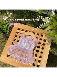 可爱狗狗连衣裙美人鱼印花衣服、猫网和蝴蝶结装饰宠物服装 - 粉色 - 查看 7