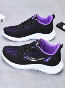 女士休闲运动鞋，轻便舒适低帮步行鞋，圆头系带休闲跑步鞋，网眼面料透气轻便运动运动鞋 - 黑紫色 - 查看 6