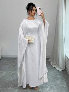 Women's Shiny Fabric Round Neck Adjustable Waist Belt Casual Dress,Modest - White - View 7