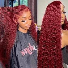 99j Burgundy Lace Front Wigs Human Hair Deep Wave Lace Front Wigs Human Hair Pre Plucked Red Curly Human Hair Wig 13x4 HD Colored Frontal Glueless Wet And Wavy Loose Deep Wave - S99J - 查看 1