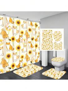 1 cái/4 cái Rèm tắm chống thấm nước đa chức năng họa tiết hoa hướng dương phong cách mùa hè có 12 móc, thảm chống trượt cho phòng tắm, thảm trải sàn hình chữ U, nắp bồn cầu tròn, bộ đồ dùng phòng tắm phù hợp với mọi tình huống - Nhiều màu - Xem 7