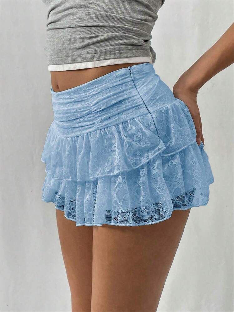 Women's Summer Lace Floral Skirt High Rise Tiered Ruffled Flowy Short Mini A Line Skirt Streetwear  Lace Skirts For Women Irregular Side White Ruffle Skirt Y2K Pleated Mini Low Waisted Short Dress Casual Miniskirt - 藍色 - 查看 4