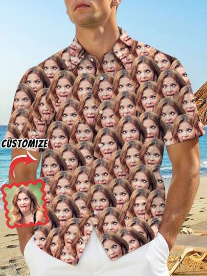 1pc Customized Hawaiian Style Shirt For Men, Upload Your Own Photo For Personalized Button Down Casual Shirt With Funny Face Design, Perfect Gift For Boyfriend, Family Ornamental,Dawg Stylish,Fashion,Hipster,Contracted,Easy Costume,Modest Fashion,Minimal Chic,Casual Custom,Unique,Personalized Ideal Gifts For Him Family,Boyfriend,Friends,Children