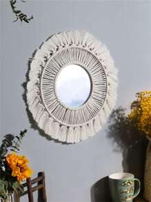 1 件 BOHO 手工编织流苏木珠圆形镜子亚克力镜片，适合作为纪念品赠送给朋友和家人，用挂饰装饰客厅和卧室 - 适用于卧室、客厅、走廊、日托中心、厨房、办公室、农舍等 - 彩色 - 查看 10