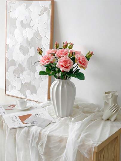 1PC Shatterproof Faux Ceramic Plastic Vase, Moderne Minimalist Home Wit Gestreepte Textured Cylindrical Elegante Multi Functional ative Flower Vase Wedding, Office, Seasonal Displays, Year Round Indoor/Outdoor Room Glass view 7