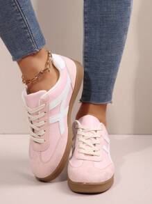 女士时尚新款春秋圆头户外休闲运动鞋，几何拼接条纹粉色分离鞋底鞋，柔软舒适休闲运动鞋 - 粉色 - 查看 5