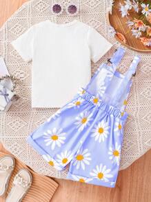 2pcs Young Girl Fashion Summer Outfit, Daisy Graphic Round Neck Short Sleeve Top + Stylish Pocket Suspender Pants, Children's Comfortable Soft Casual Cute Sweet Style Clothing, Elegant Streetwear For Girls - Blue - View 2