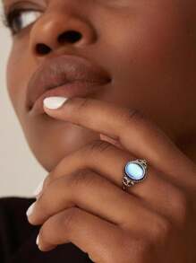 Milacolato 1pc Silver Moonstone Rings For Women Girl 925 Sterling Silver Open Adjustable CZ Rainbow Rings Vintage Celtic Triangle Ring, Handmade Oval Round Heart Ring Jewellery For Her With Gift Box - Silver - View 4