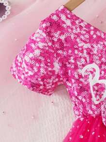 Young Girl's Casual Spaghetti Strap Faux Sequins & Letter Print Splice Sequins Gauze Lining Summer Dress - Multicolor - View 5