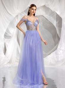 Lavender Spaghetti Strap Heavily Embellished Sheer Mesh Hem Slit Formal Evening Gown, Suitable For Women, Formal Occasions Like Galas, Balls, Weddings And Elegant Events, Party Dress, Prom Dress - Mauve Purple - View 6