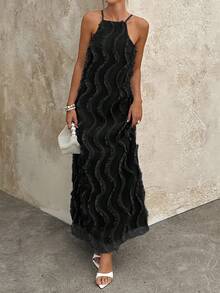 Women's Sleeveless Textured Fabric Slip Dress - Black - View 4