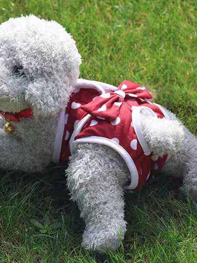 1 件可重复使用的宠物月经内裤，波尔卡圆点图案，可洗狗尿布，带蝴蝶结涤纶狗生理裤，透气母狗内裤