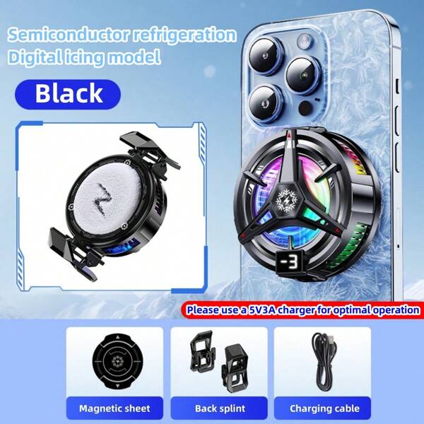 1 pieza Ventilador de refrigeración para teléfono con enfriamiento de semiconductores negro, con pantalla digital, adsorción magnética, compatible con teléfonos Android e iOS, tabletas, juegos, transmisión en vivo, luces RGB, tecnología de enfriamiento de 5V 3A con clip para accesorios de juegos e-sports con silencio